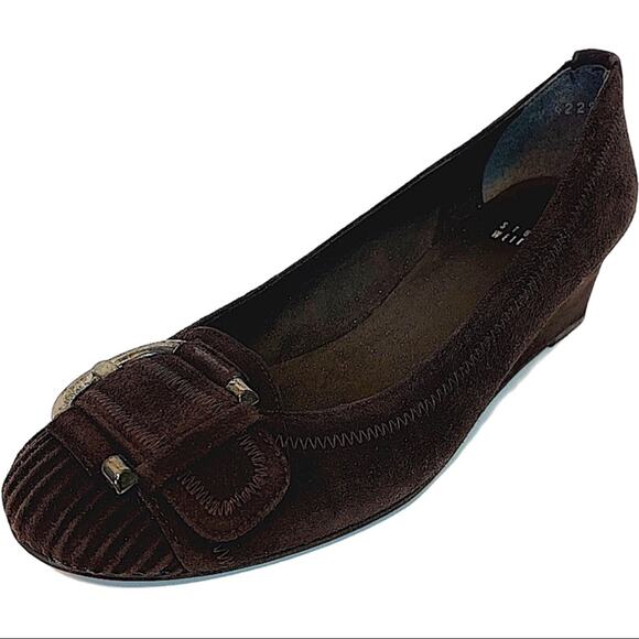 Stuart Weitzman Brown Suede Leather Buckle Wedge Shoe Women's Round Toe Size 6 - Picture 2 of 8